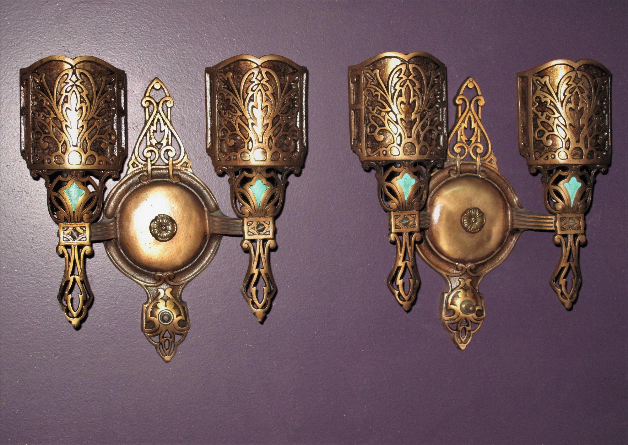 Set of Ten Vintage Bronze 2 Bulb Sconces w/ Mica  For Sale 2