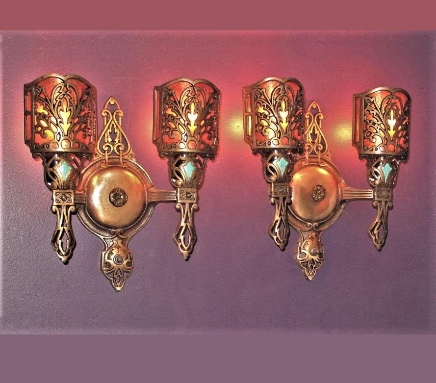 Set of Ten Vintage Bronze 2 Bulb Sconces w/ Mica  For Sale 1