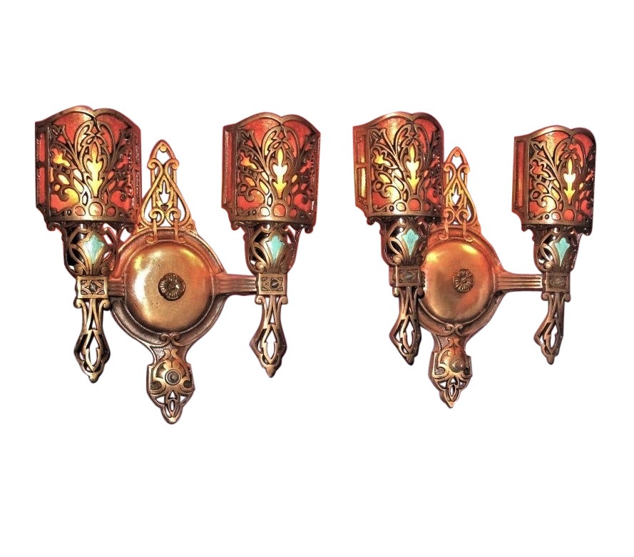 Set of Ten Vintage Bronze 2 Bulb Sconces w/ Mica