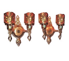 Set of Ten Vintage Bronze 2 Bulb Sconces w/ Mica