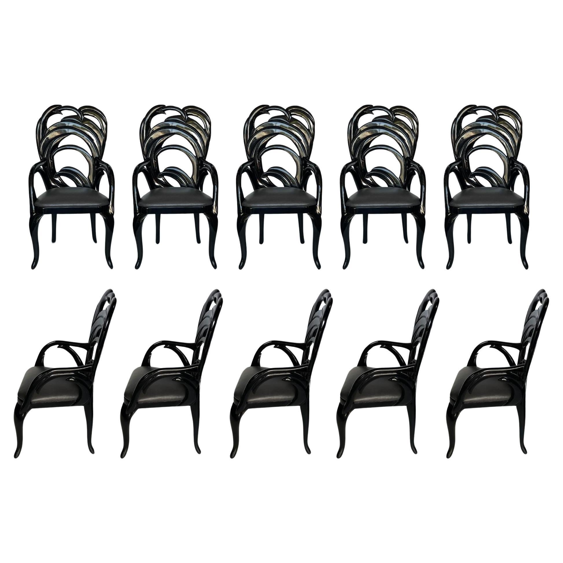 Set of Ten Vintage Carved Wood "Palm Leaf" Chairs by Phyllis Morris, c. 1970's For Sale