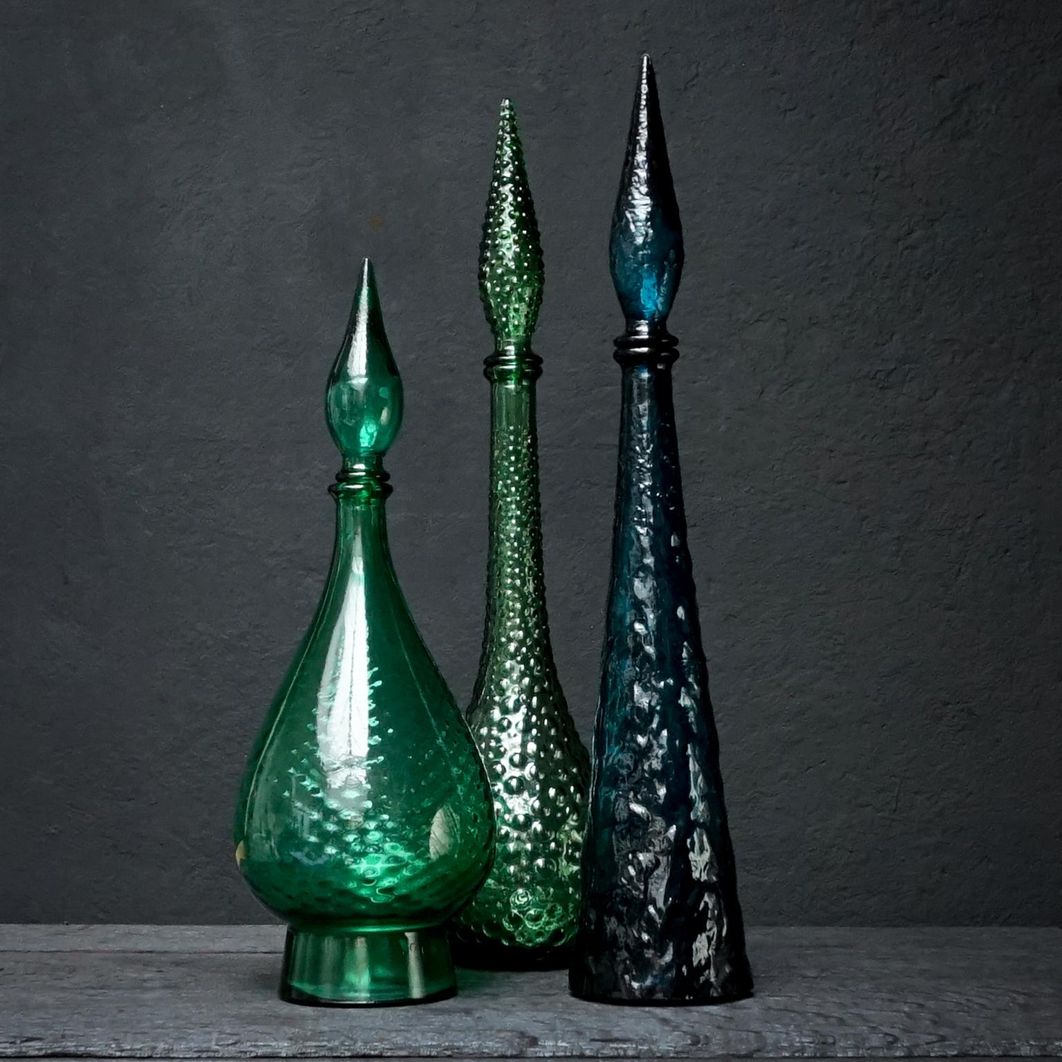Mid-Century Modern Set of Ten Vintage Italian Glass Empoli 'Genie' Decanters