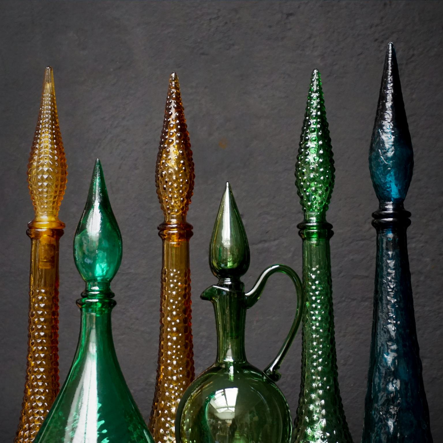 Pressed Set of Ten Vintage Italian Glass Empoli 'Genie' Decanters