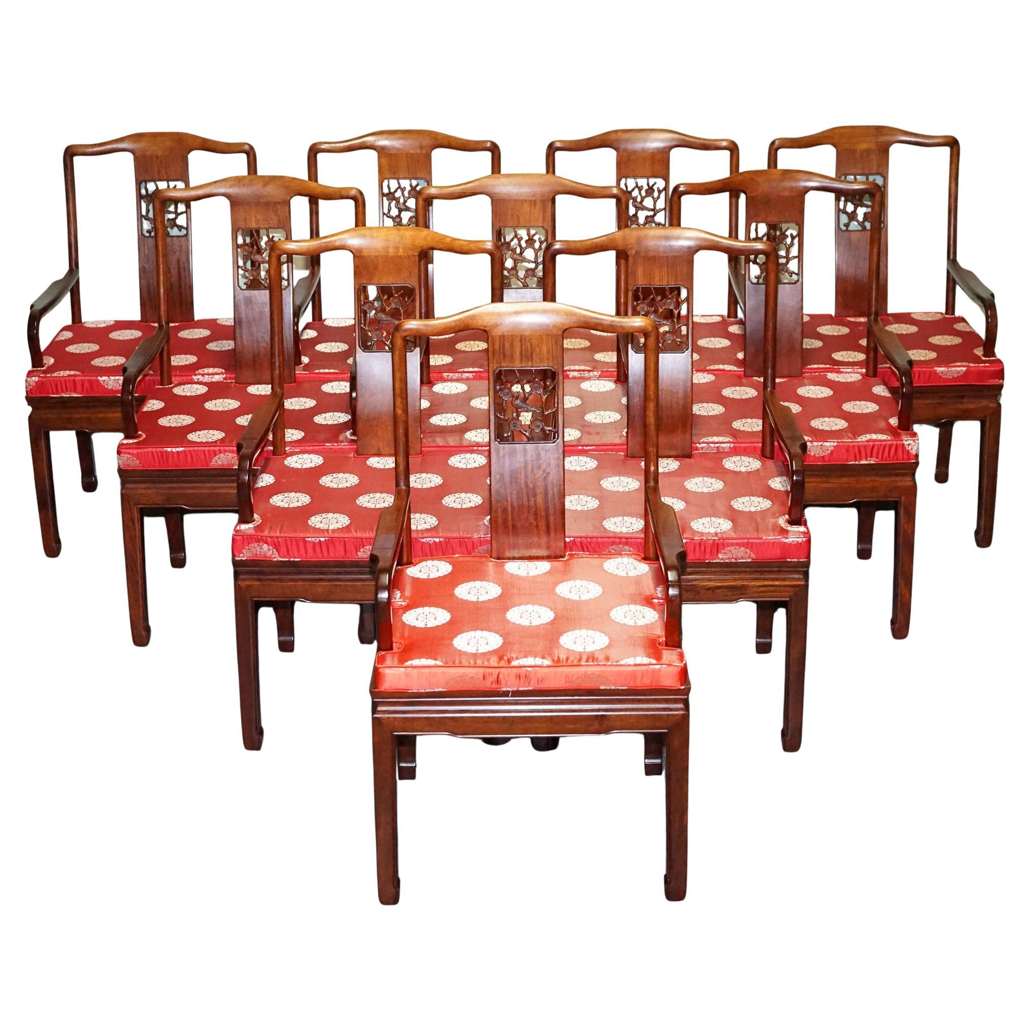 SET DI DIECI POLTRONE DA CENA IN LEGNO DURO ORIENTALE D'EPOCA CON CUSCINI in vendita