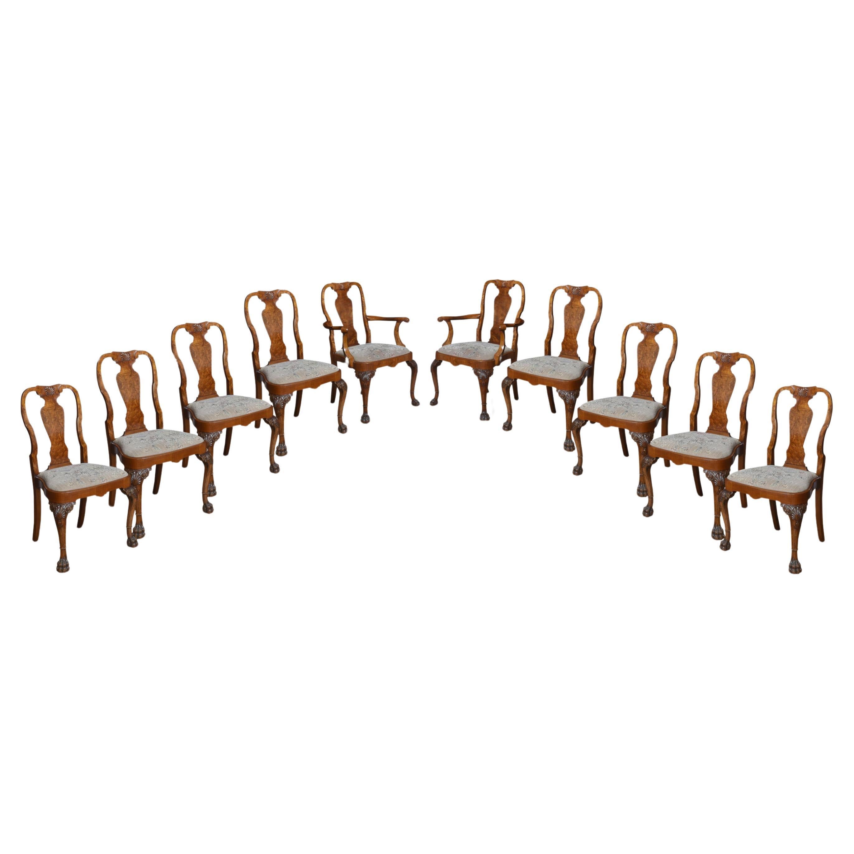 Set of ten walnut George II style dining chairs For Sale