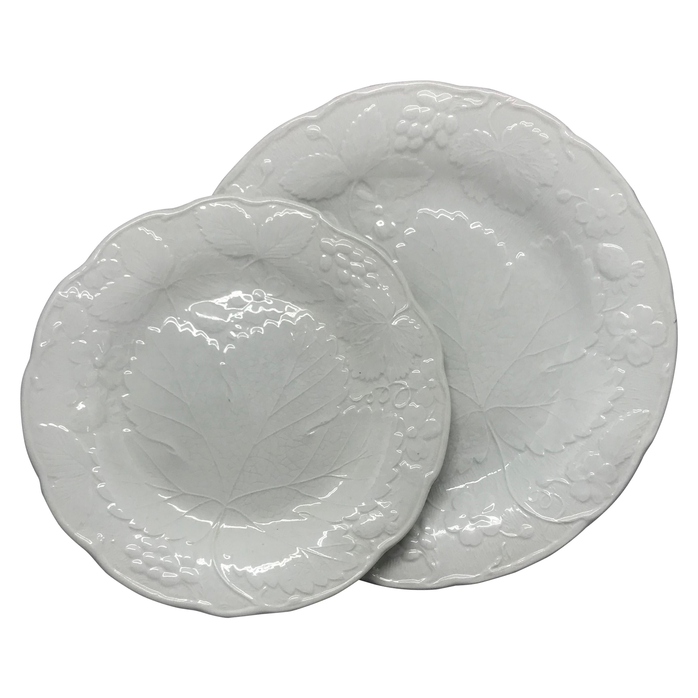 Set of ten white strawberry leaf lunch/dessert plates. Davenport Burleigh luncheon plates in the strawberry and grape leaf pattern, England, 20th century.
Luncheon plate dimensions: 8.13 diameter.

Matching dinner plates available on separate