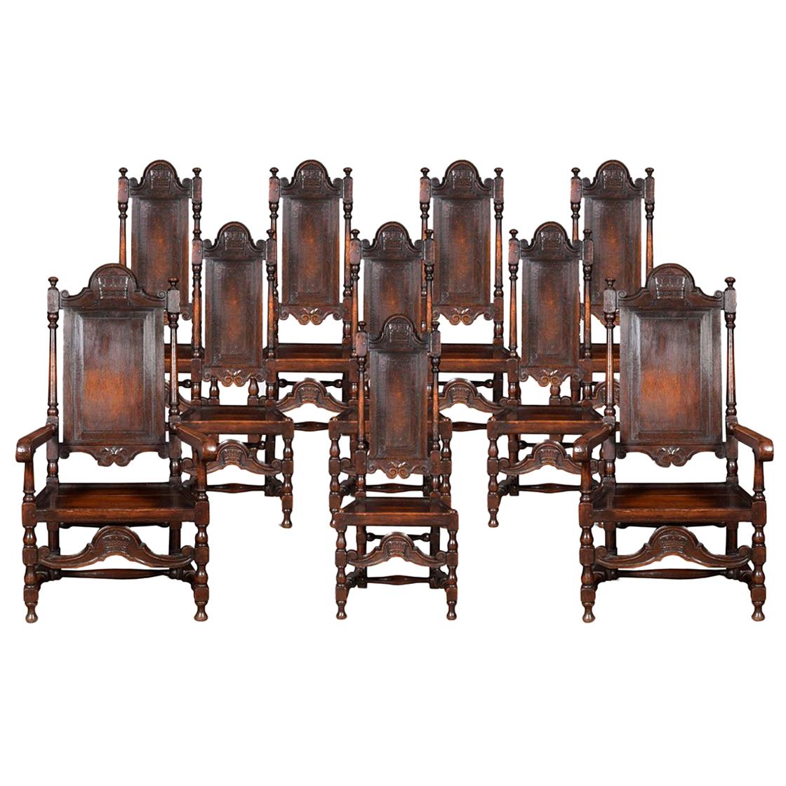 Set of Ten William and Mary Style High Back Dining Chairs
