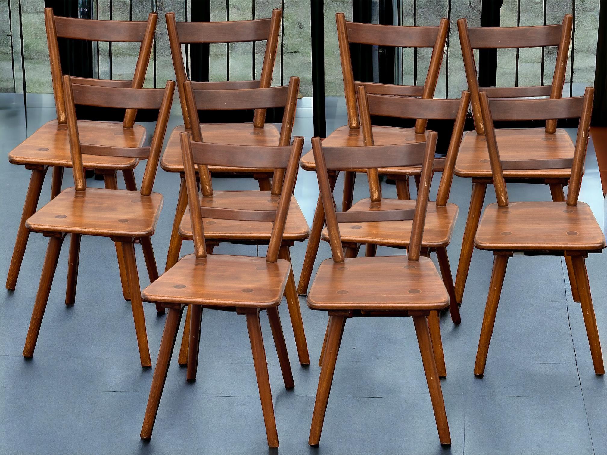 A set consisting of 10 chairs out of the Humbser brewery in Fürth Bavaria. These chairs were used in the brewery restaurant's dining room for years. After the brewery closed, we were able to purchase these chairs and also some tables from the estate