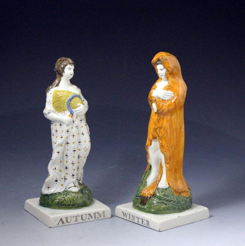 Dated: 1800 to 1810 Sunderland England

An original and rare set of pottery Prattware female classical type figures emblematic of the Four Seasons. 
Made at the Dixon Austin pottery which was located in Sunderland England in the early 19th