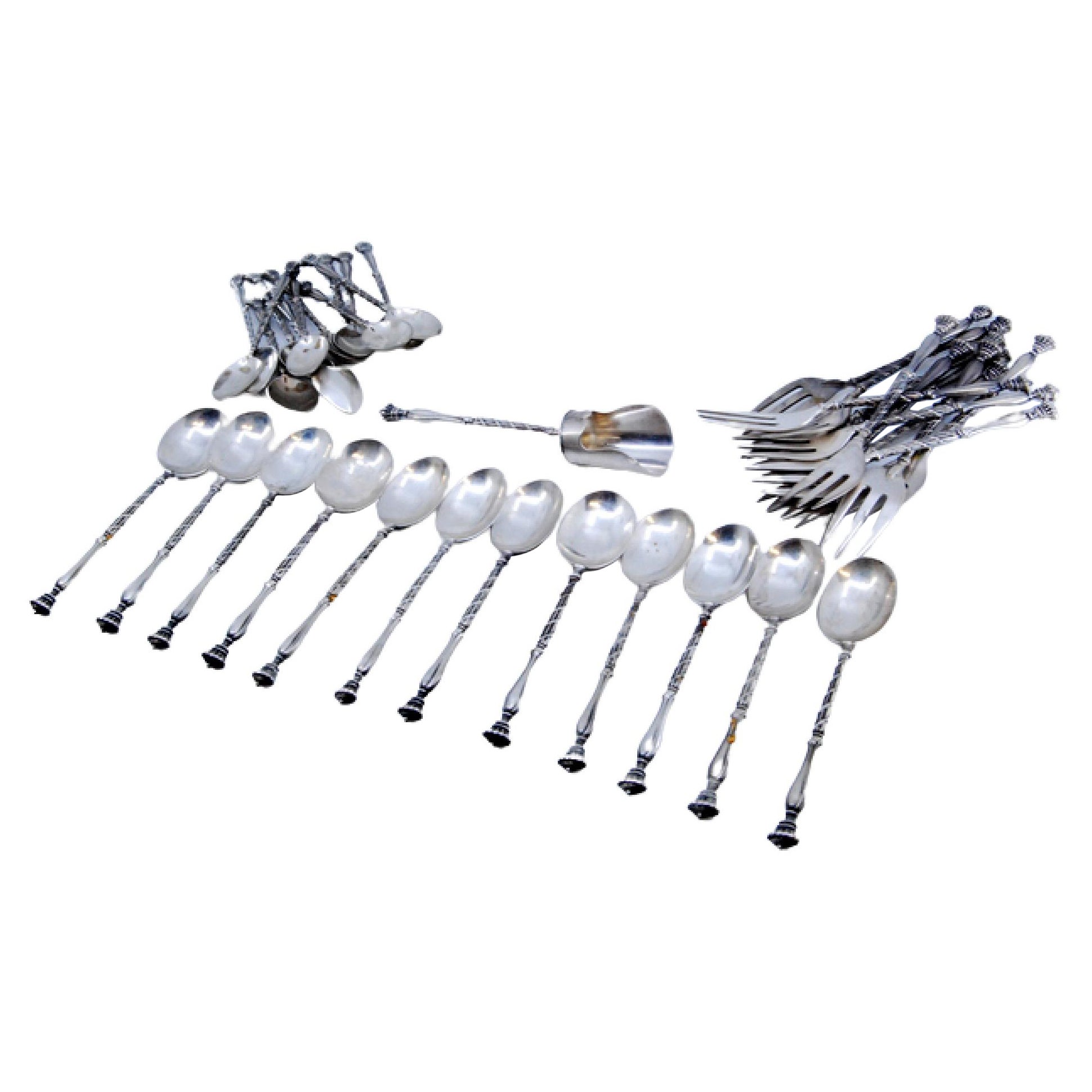 Set of thirty-seven silver units, forks, tea
coffee spoons w/ applied reliefs