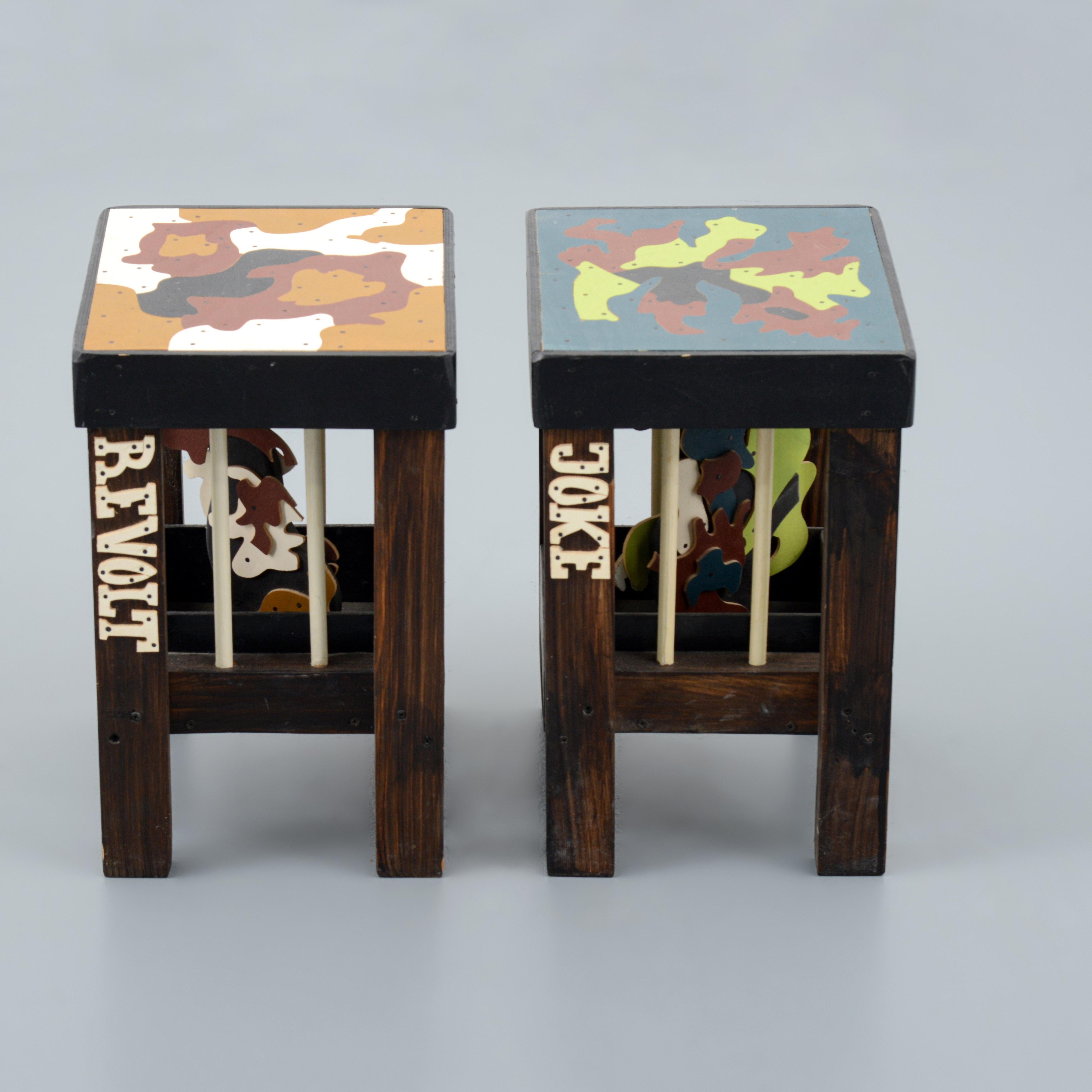 Artist/Designer; Manufacturer: Thorsten Passfeld 
Marking(s); notes: numbered beneath seat (38, 29)
Materials: acrylic, wood
Dimensions (H, W, D): 17.5