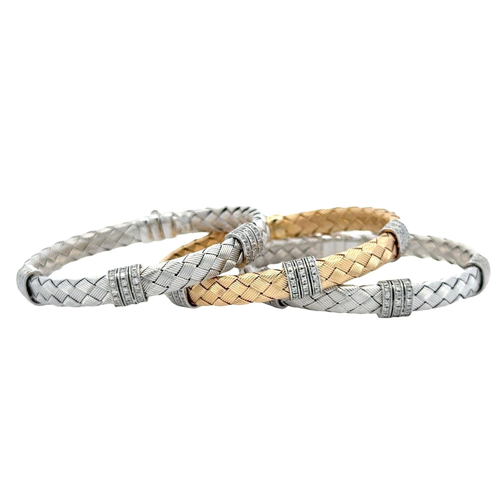 Modern Set Of Three 14 Karat White & Yellow Woven Gold Diamond Stacking Bracelets For Sale