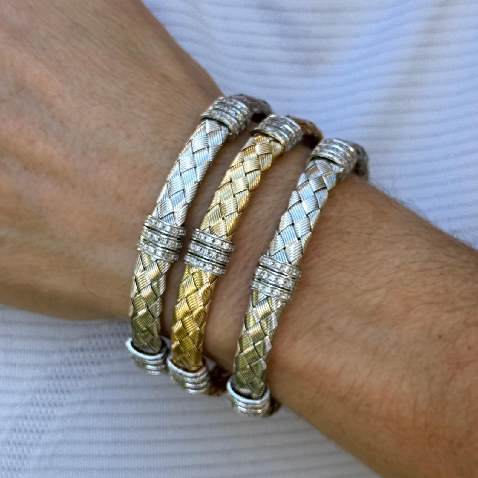 Brilliant Cut Set Of Three 14 Karat White & Yellow Woven Gold Diamond Stacking Bracelets For Sale