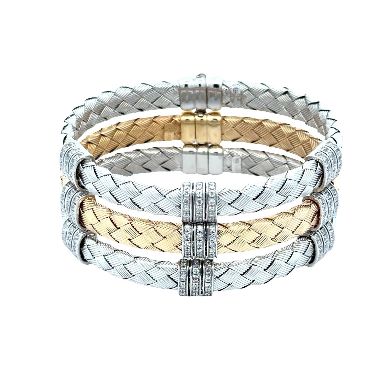 Set Of Three 14 Karat White & Yellow Woven Gold Diamond Stacking Bracelets In Excellent Condition For Sale In Boca Raton, FL