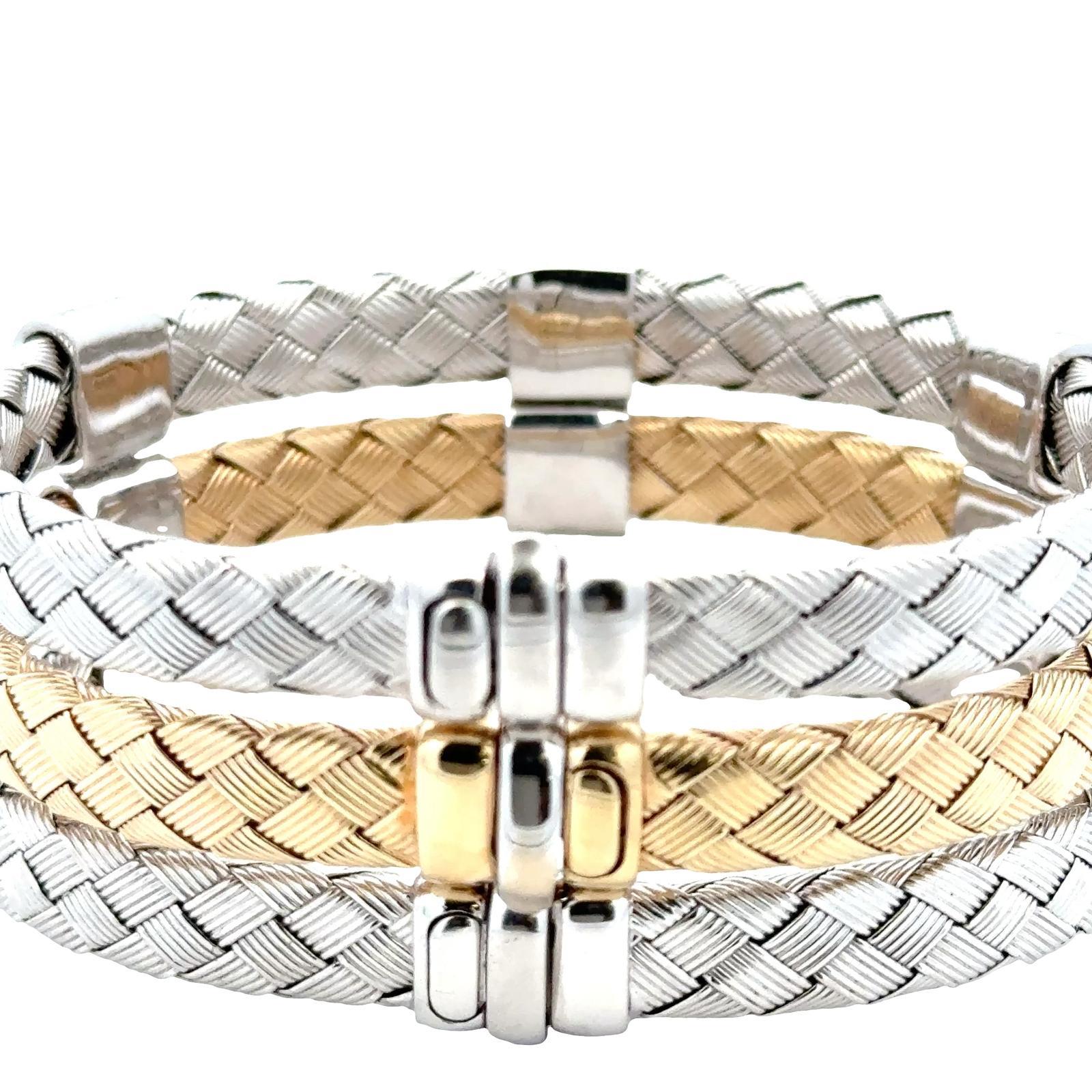 Women's Set Of Three 14 Karat White & Yellow Woven Gold Diamond Stacking Bracelets For Sale