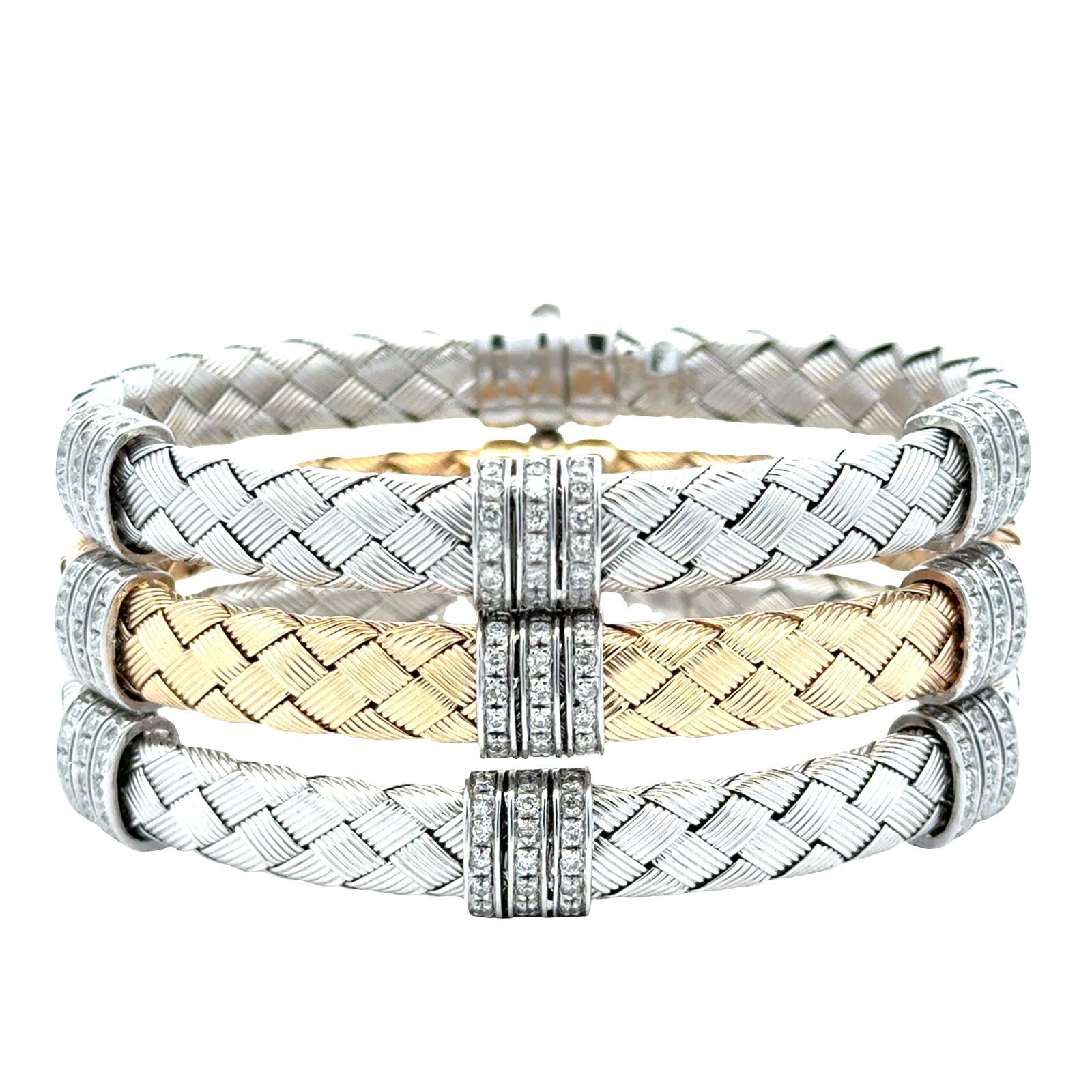 Set Of Three 14 Karat White & Yellow Woven Gold Diamond Stacking Bracelets For Sale 1
