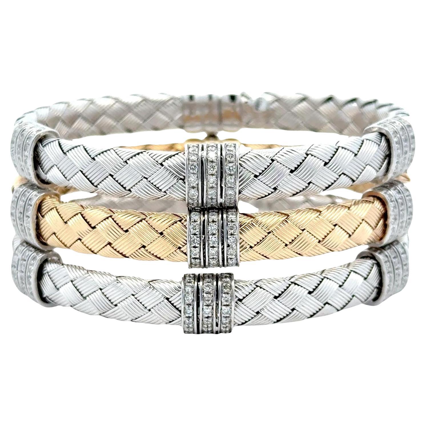 Set Of Three 14 Karat White & Yellow Woven Gold Diamond Stacking Bracelets For Sale