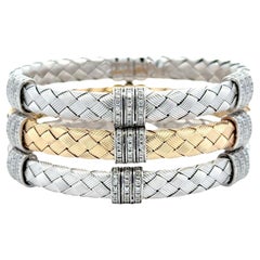 Set Of Three 14 Karat White & Yellow Woven Gold Diamond Stacking Bracelets