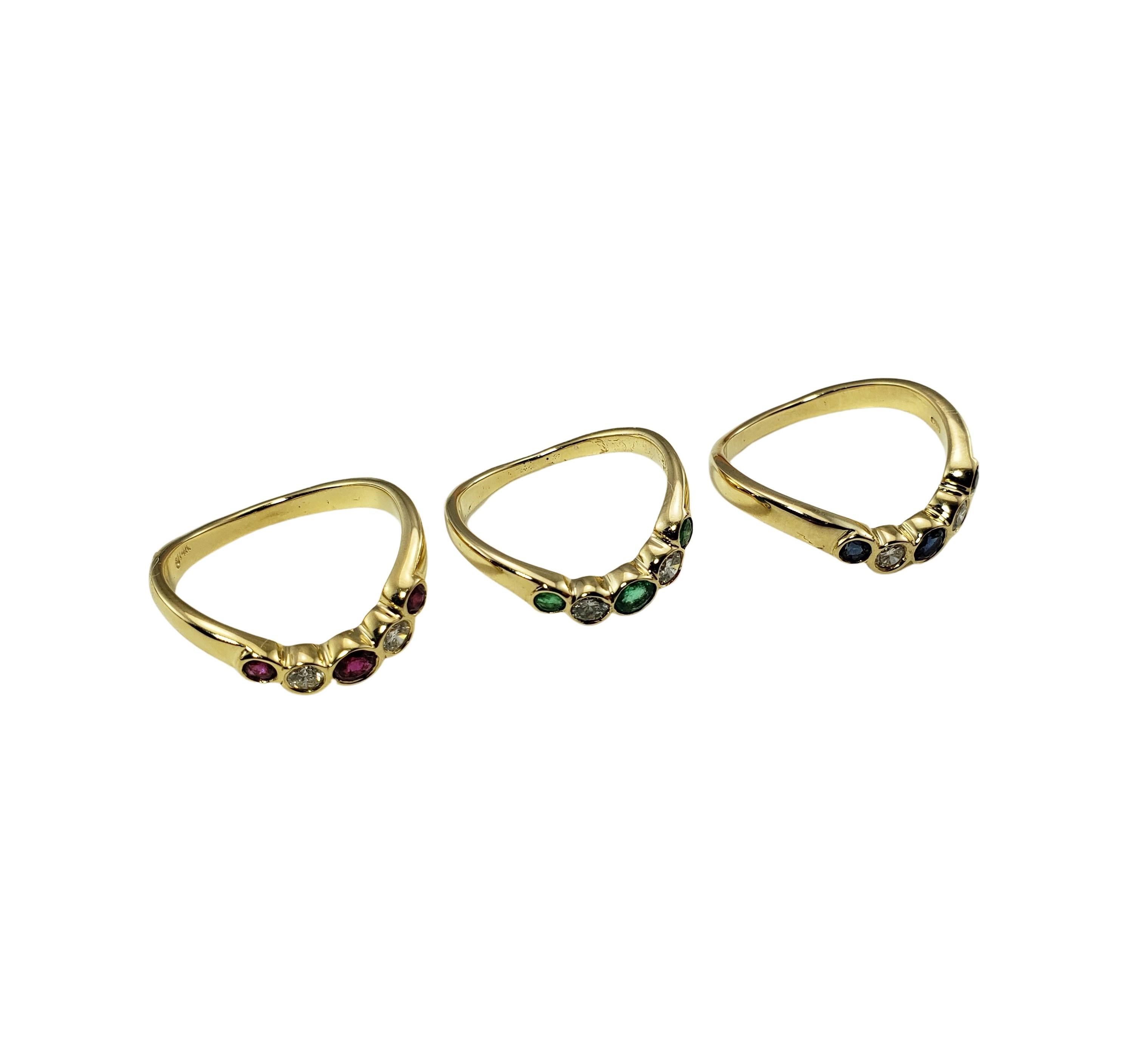 Brilliant Cut Set of Three 14 Karat Yellow Gold Ruby/Emerald/Sapphire and Diamond Rings For Sale