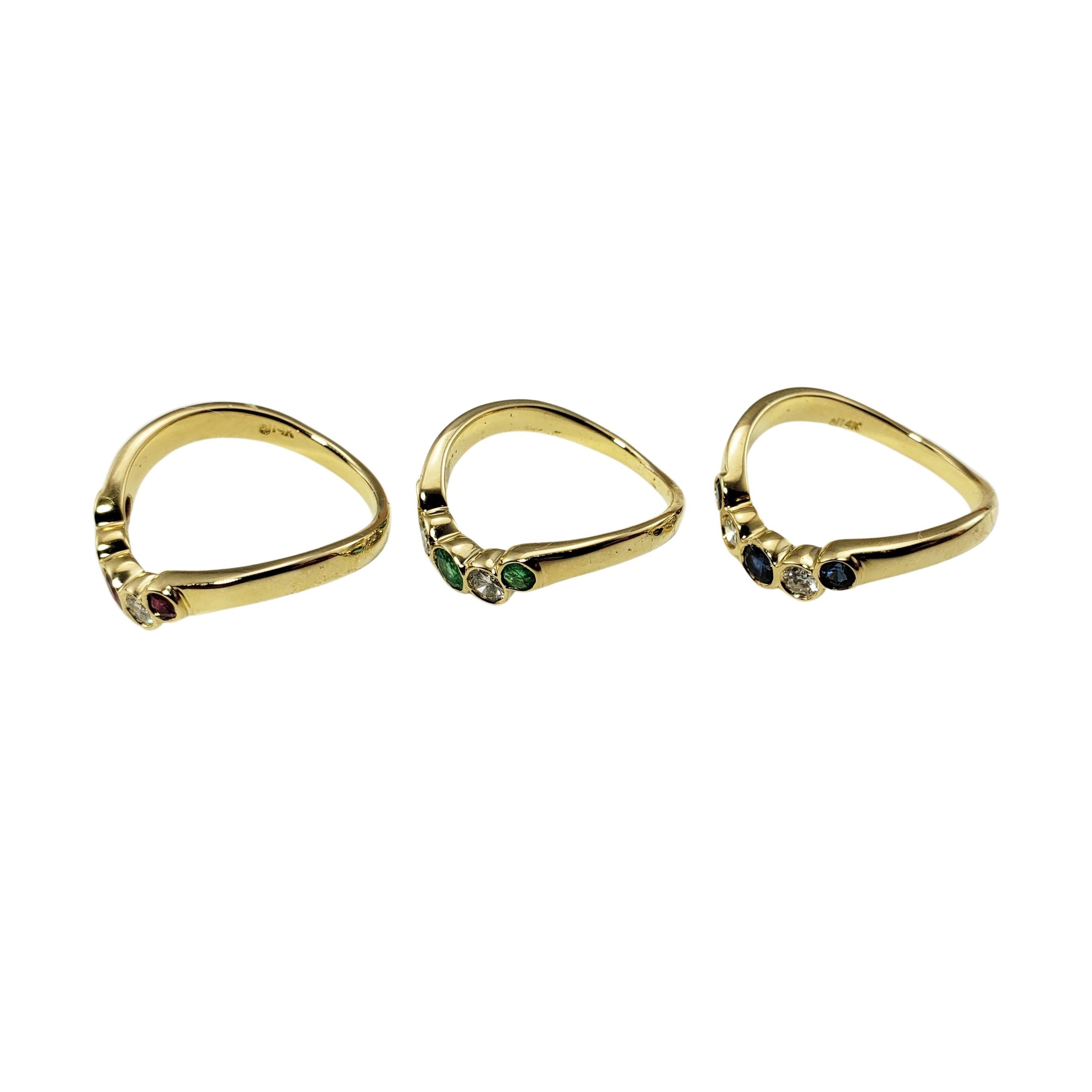 Set of Three 14 Karat Yellow Gold Ruby/Emerald/Sapphire and Diamond Rings In Good Condition For Sale In Washington Depot, CT