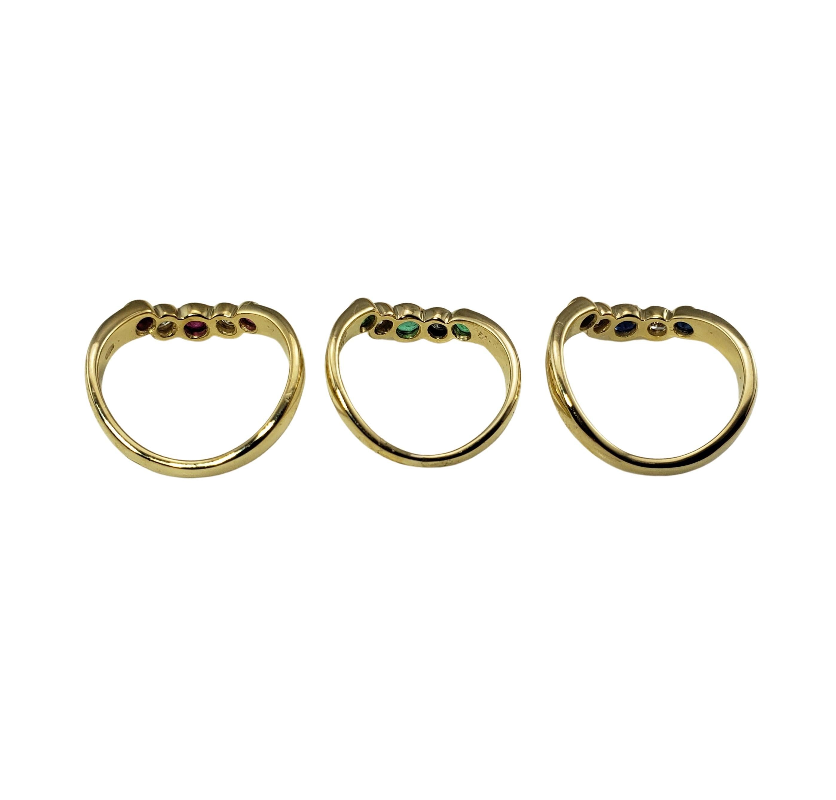 Women's Set of Three 14 Karat Yellow Gold Ruby/Emerald/Sapphire and Diamond Rings For Sale