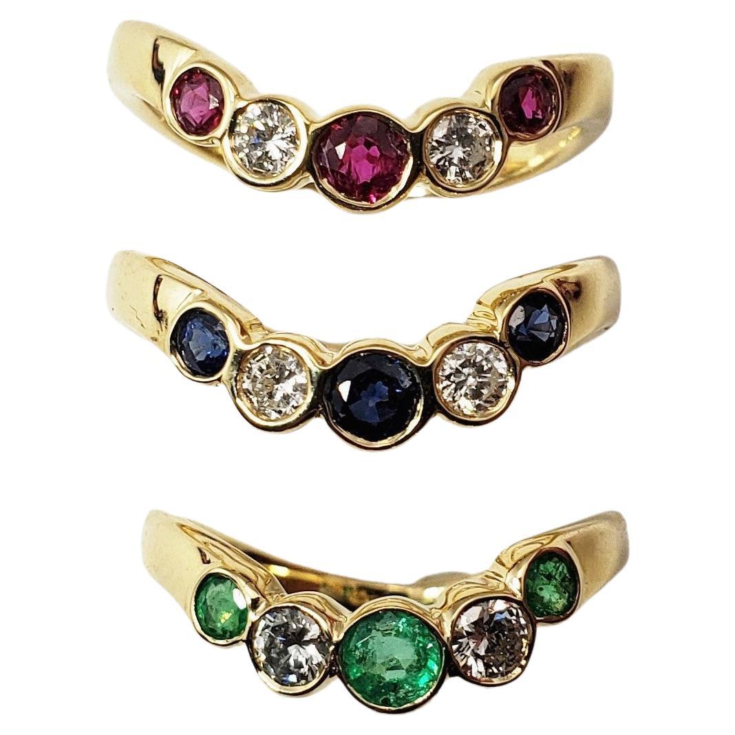 Set of Three 14 Karat Yellow Gold Ruby/Emerald/Sapphire and Diamond Rings For Sale