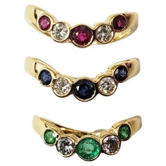 Vintage Set of Three 14 Karat Yellow Gold Ruby/Emerald/Sapphire and Diamond Rings