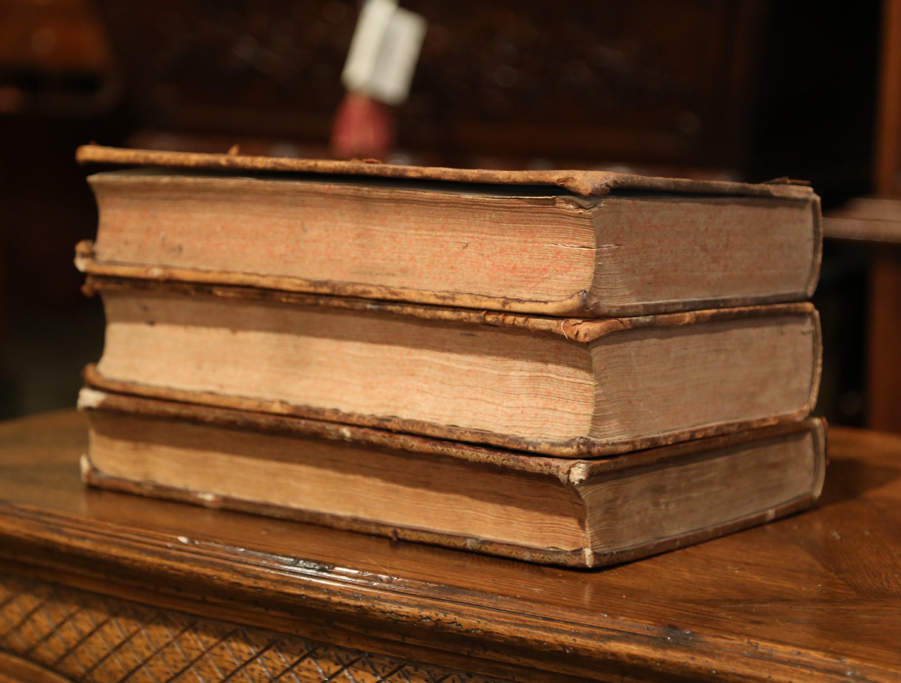 Set of Three 17th Century French Leather Bound Decorative Books Dated 1692-1700 2