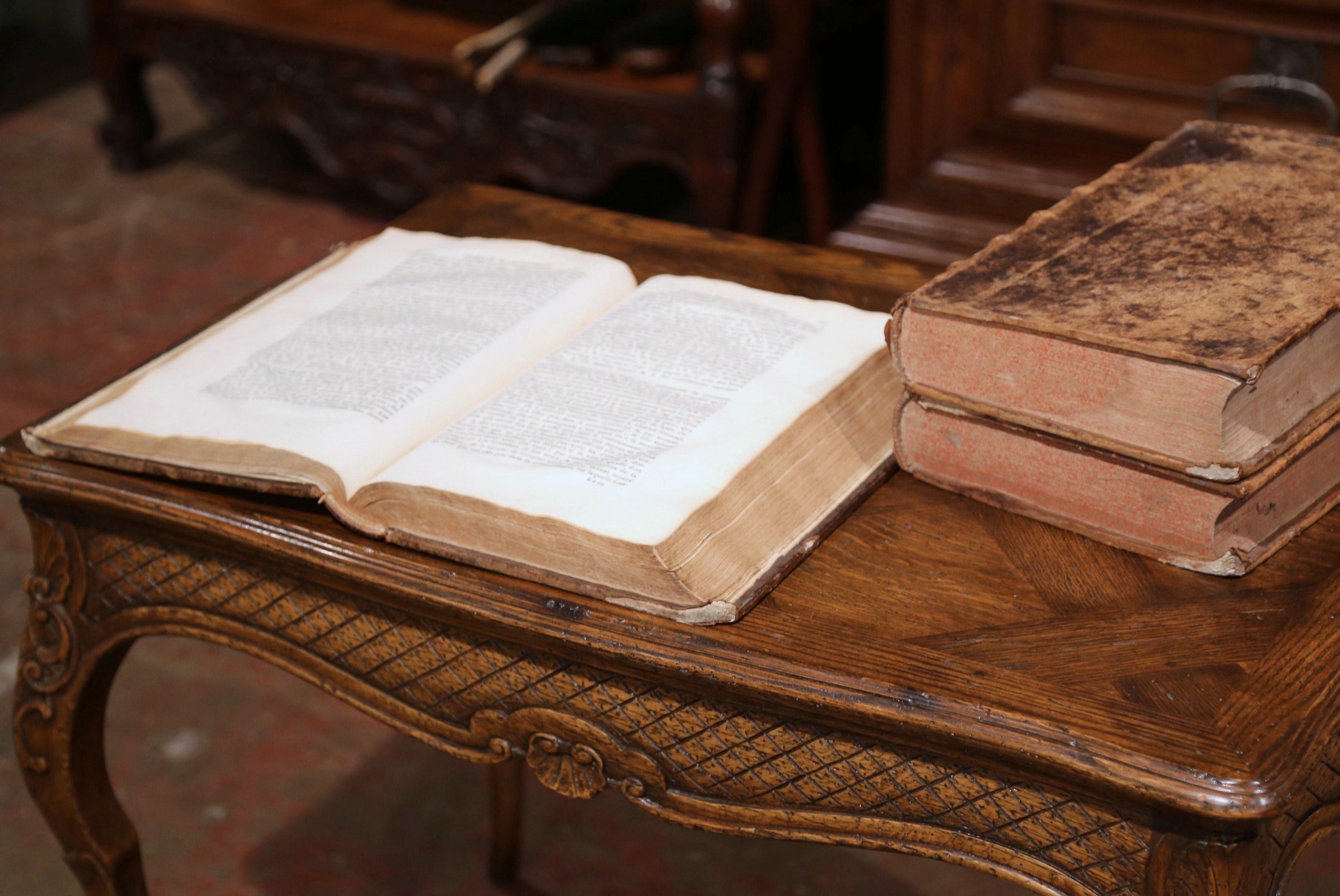 Hand-Crafted Set of Three 17th Century French Leather Bound Decorative Books Dated 1692-1700