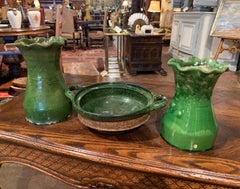 Set of Three 18th Century French Green Glazed Olive Jars and Dish from Provence