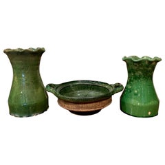 Set of Three 18th Century French Green Glazed Olive Jars and Dish from Provence