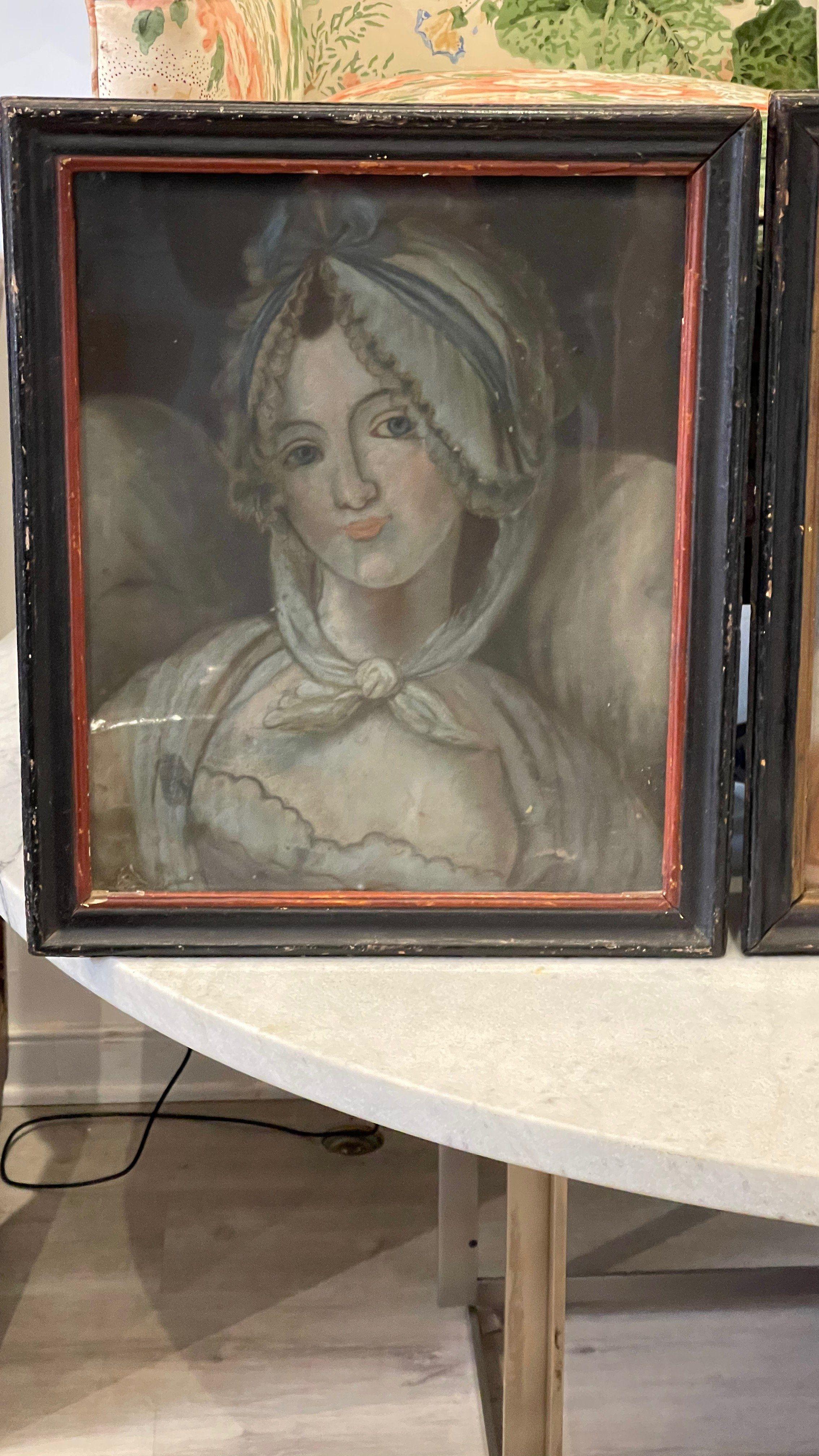 Three enchanting 18th century French oil-pastel portraits of women, two with their pets. All by the same hand, though the artist is unknown. In early frames behind period wavy glass.