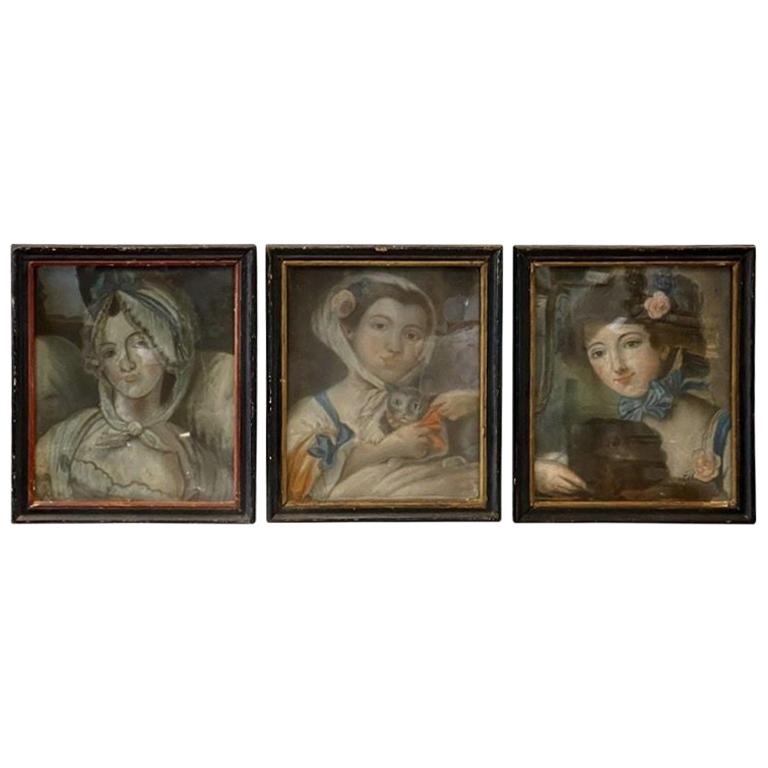 Set of Three 18th Century French Provincial Pastel Portraits of Women