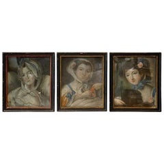 Set of Three 18th Century French Provincial Pastel Portraits of Women