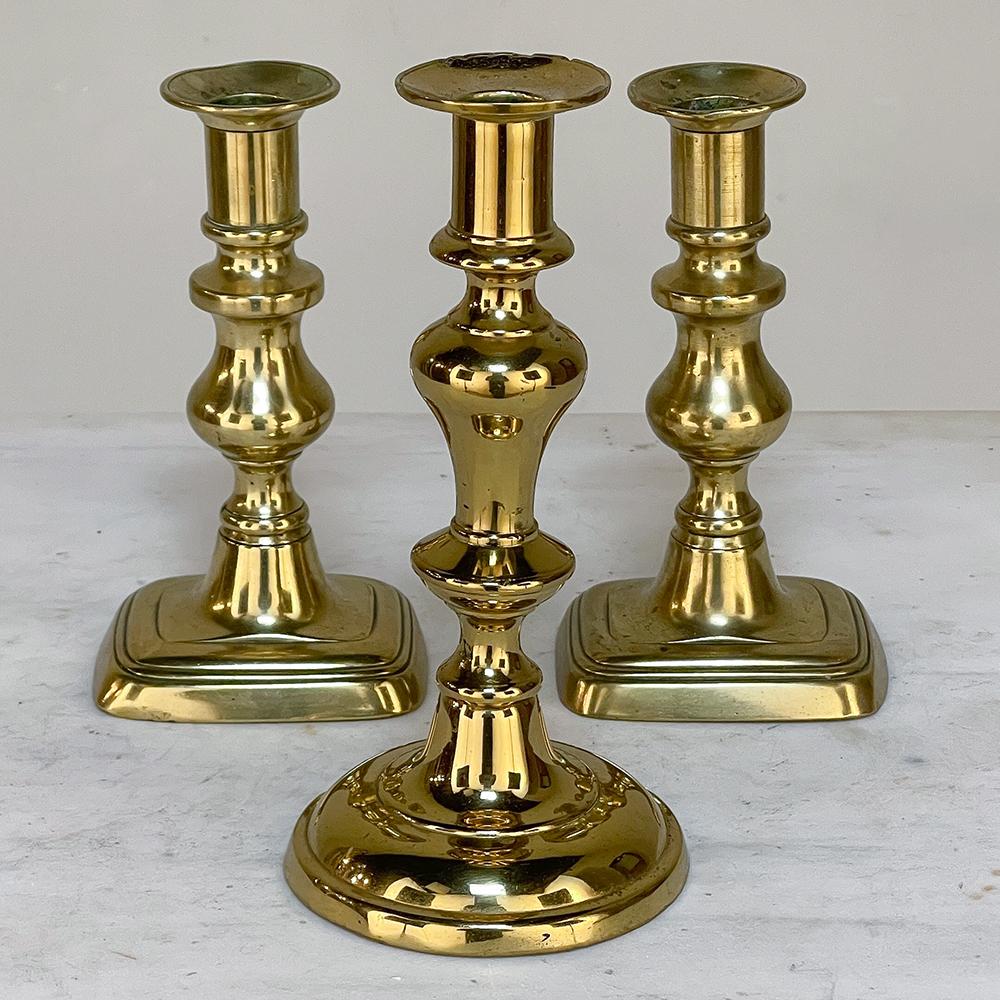 British Colonial Set of Three 18th Century Hand-Made Brass Candlesticks For Sale
