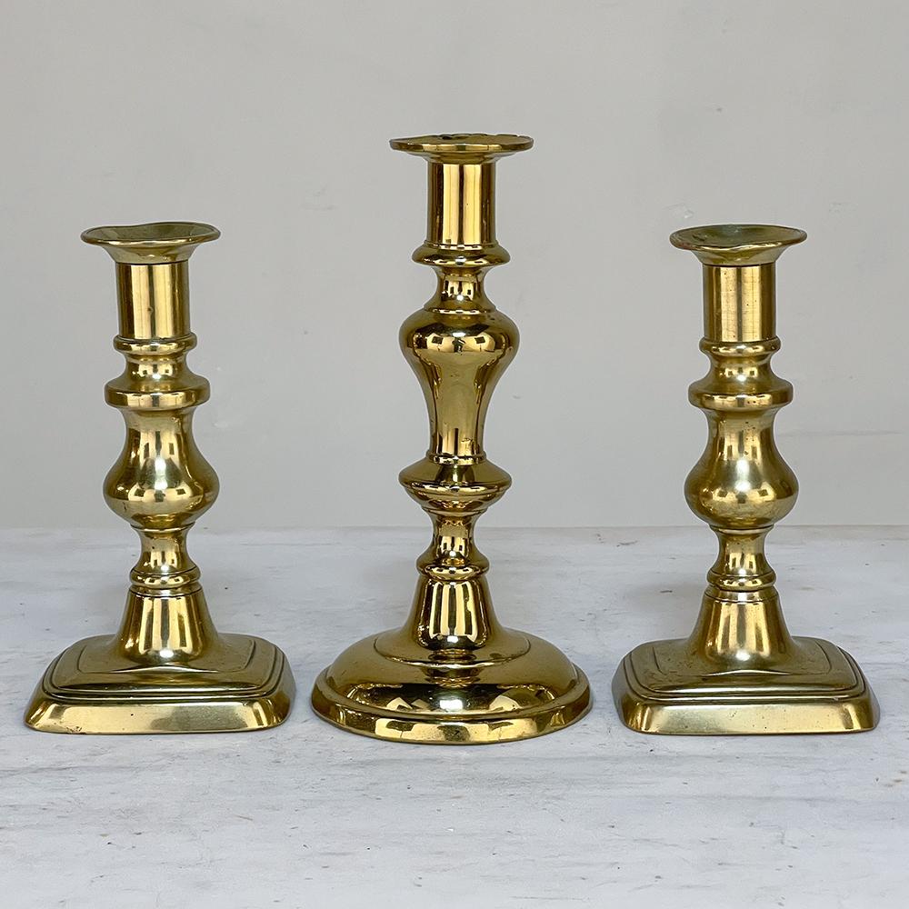 English Set of Three 18th Century Hand-Made Brass Candlesticks For Sale