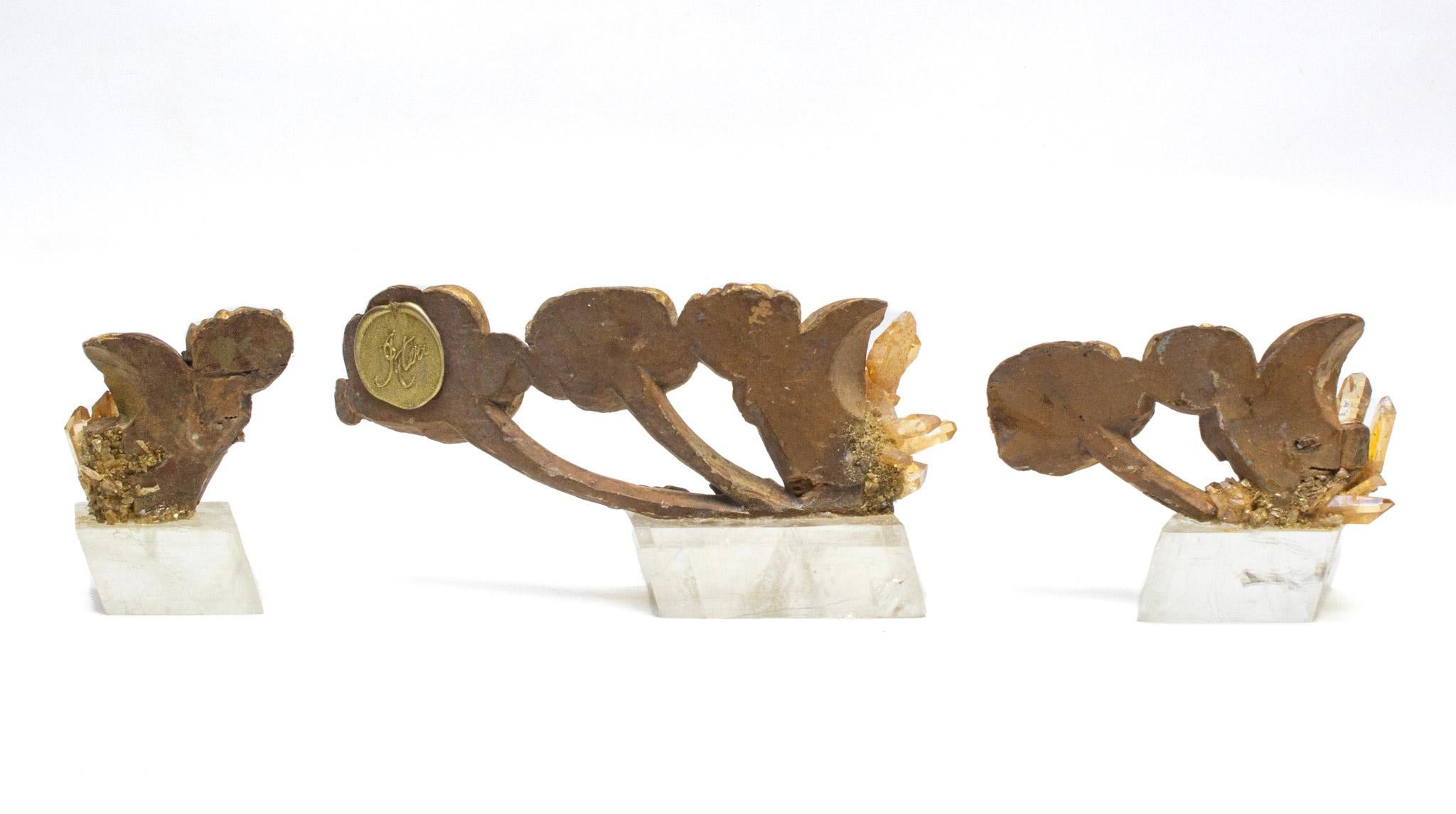 Set of Three 18th Century Italian Gold Flower Fragments with Aurora and Calcite For Sale 4