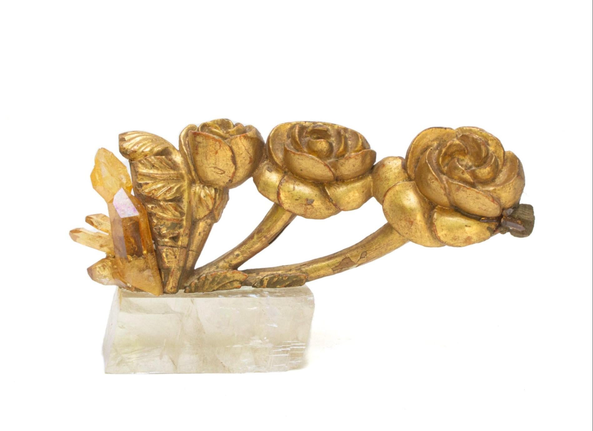 Rococo Set of Three 18th Century Italian Gold Flower Fragments with Aurora and Calcite For Sale
