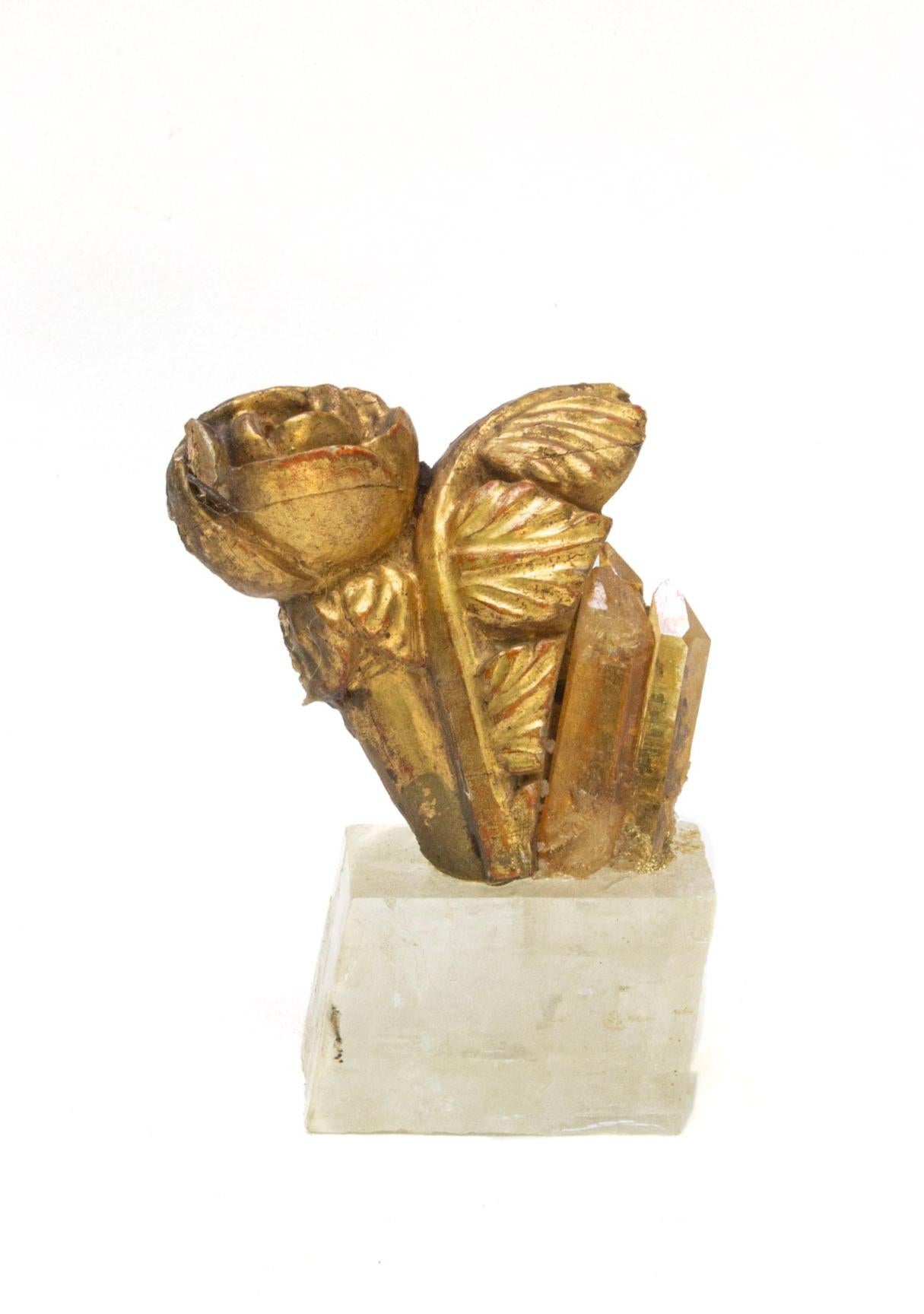 Set of Three 18th Century Italian Gold Flower Fragments with Aurora and Calcite For Sale 2