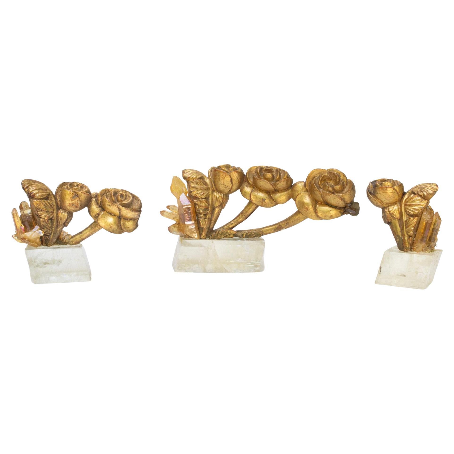 Set of Three 18th Century Italian Gold Flower Fragments with Aurora and Calcite For Sale