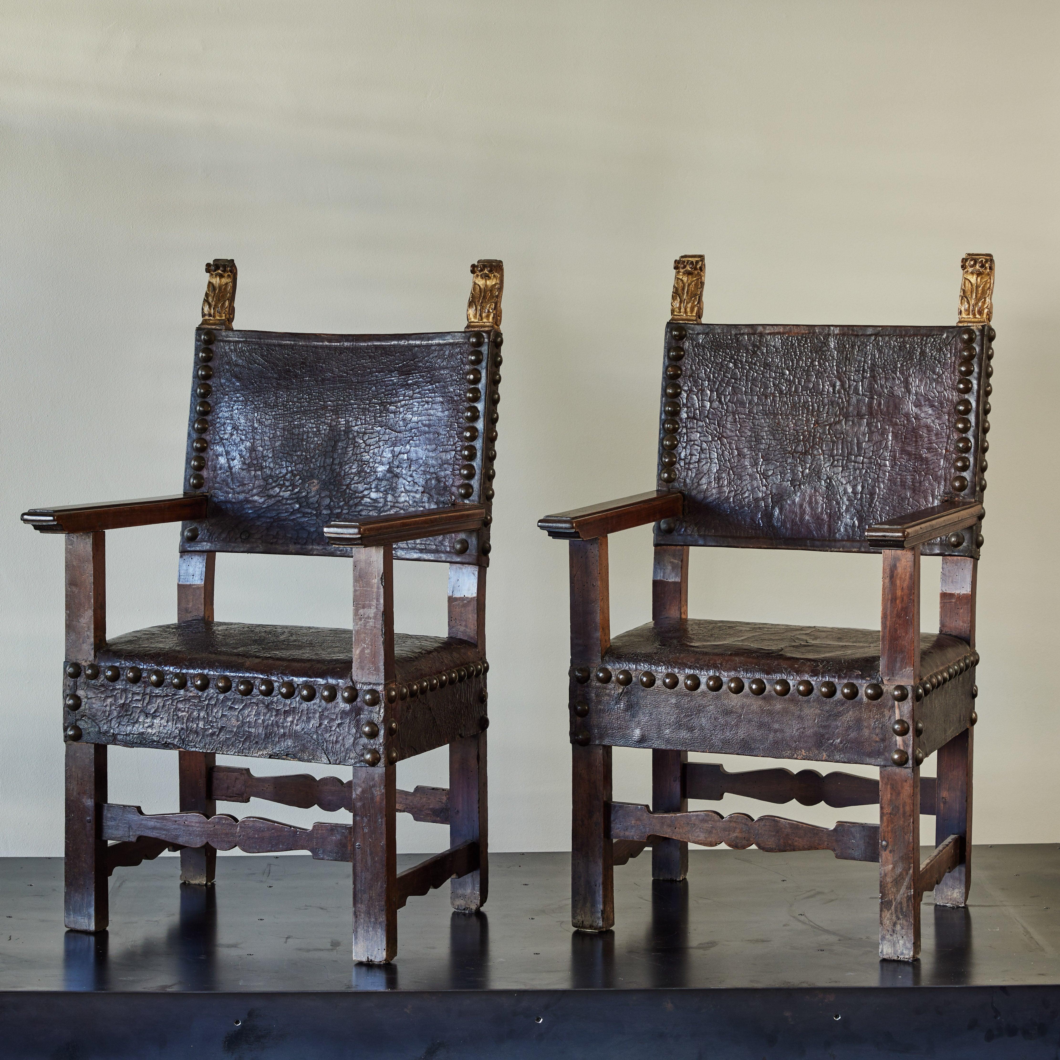 Set of Three 18th Century Italian Leather Armchairs In Good Condition For Sale In Los Angeles, CA