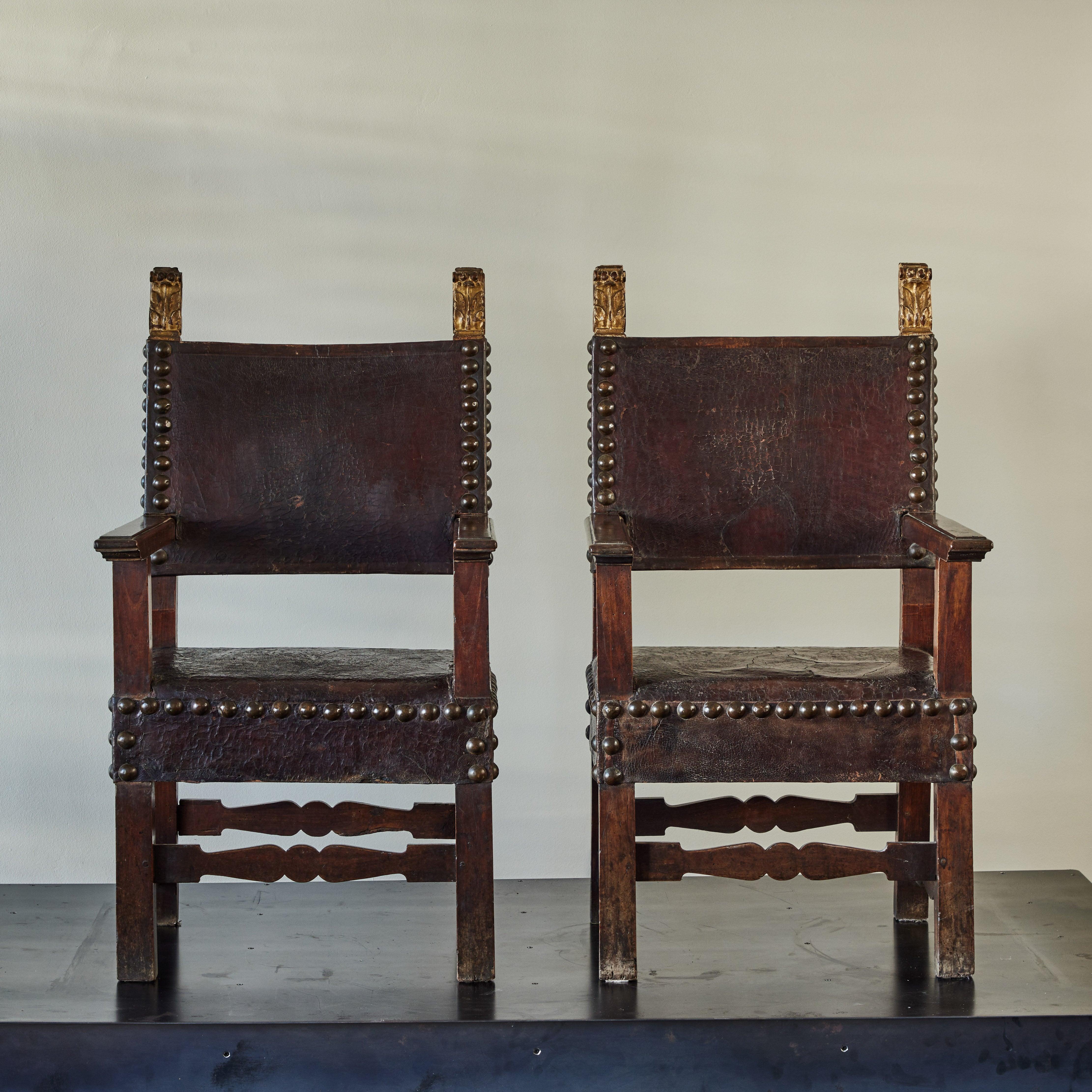 Set of Three 18th Century Italian Leather Armchairs For Sale 1