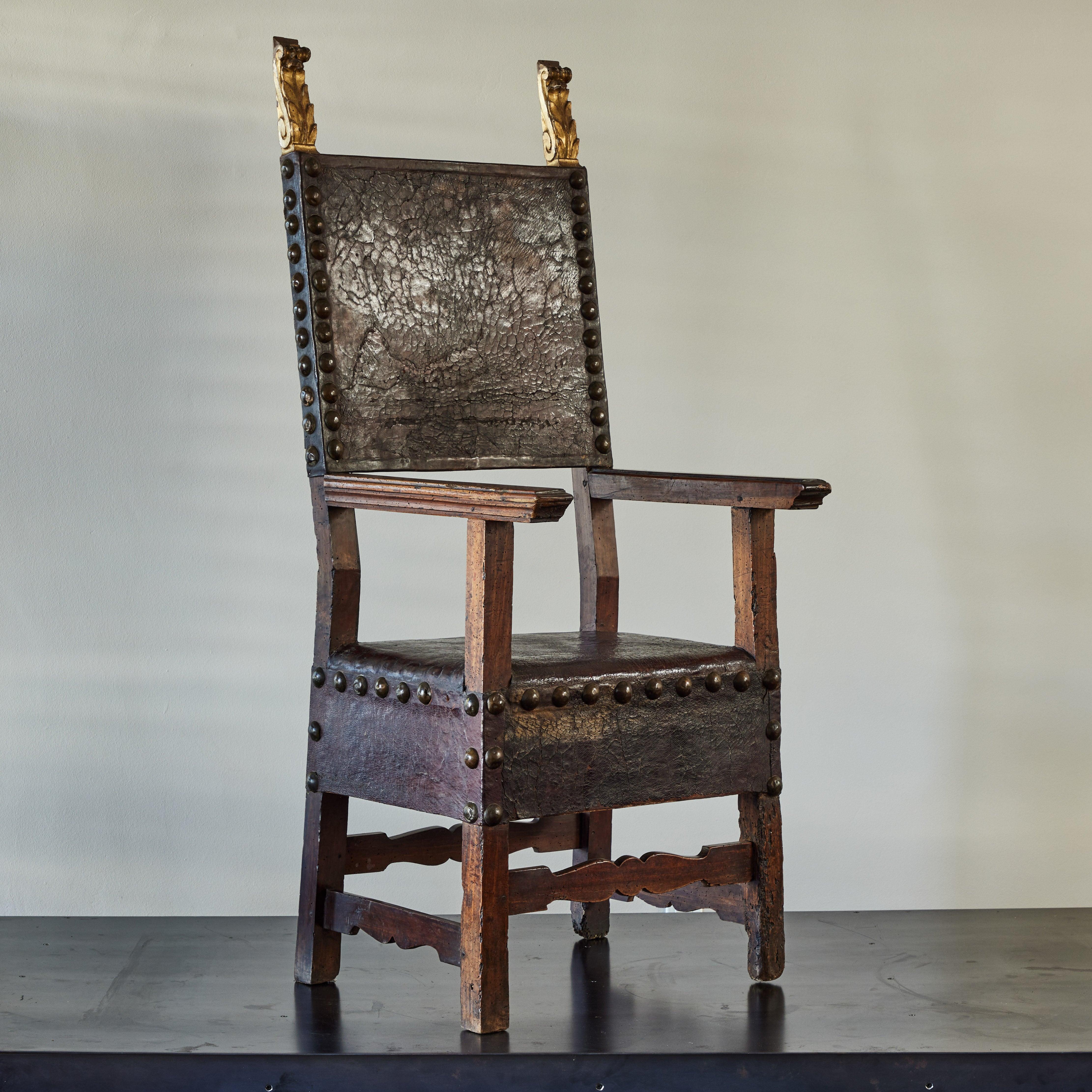 Set of Three 18th Century Italian Leather Armchairs For Sale 3