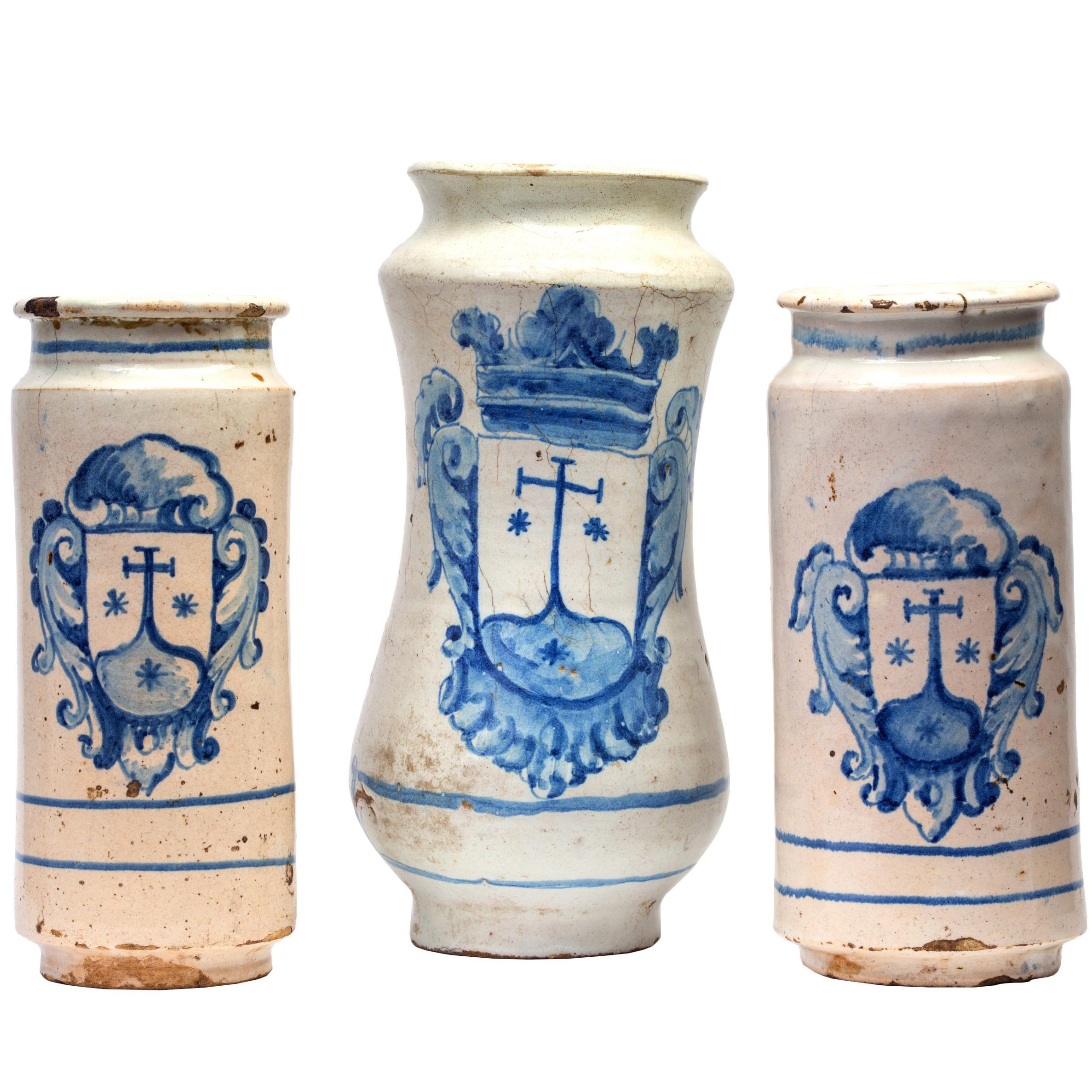 Set of Three 18th Century Spanish / Talavera Apothecary Jars or Albarelos