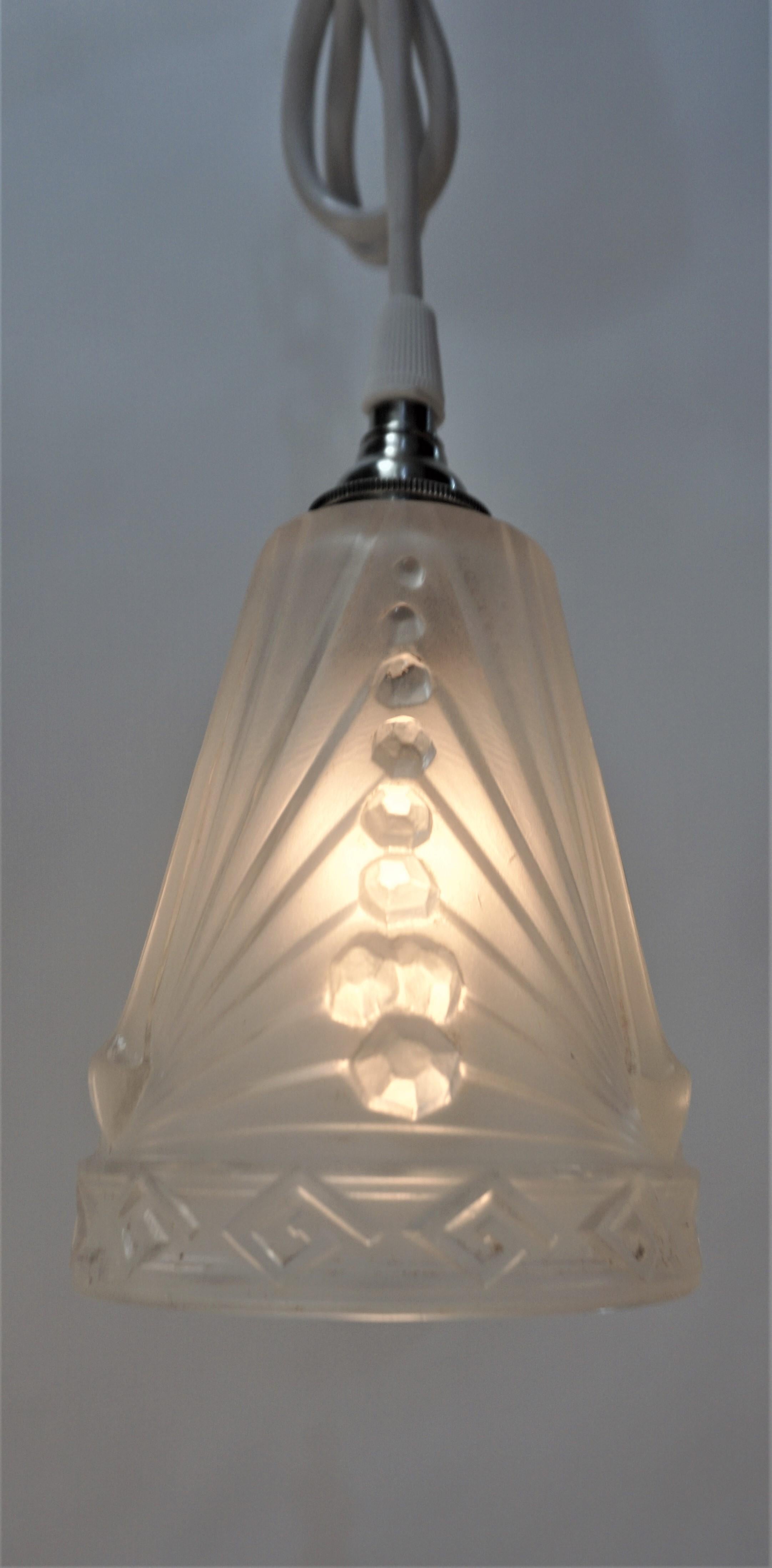 French Set of Three 1920s Art Deco Glass Shade Pendant Light by Charles Schneider