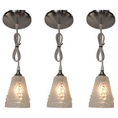 Antique Set of Three 1920s Art Deco Glass Shade Pendant Light by Charles Schneider