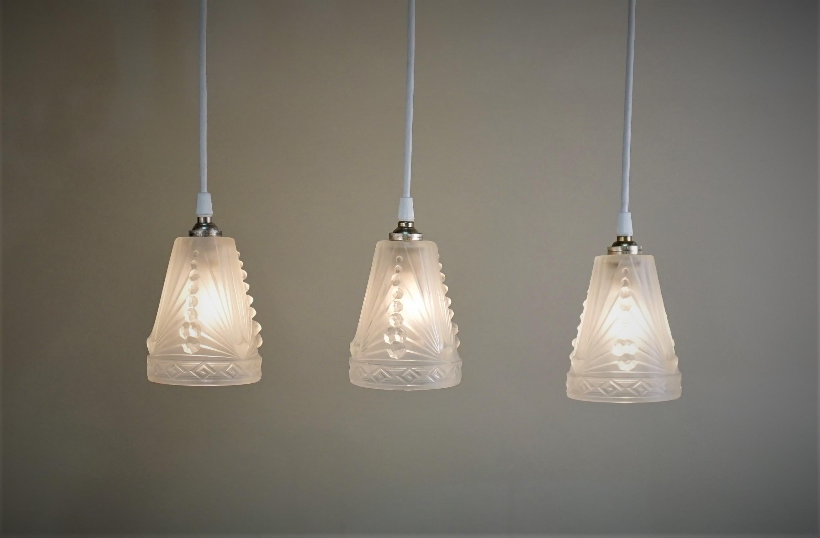 French Set of Three 1930s Art Deco Glass Shade Pendant Light by Charles Schneider