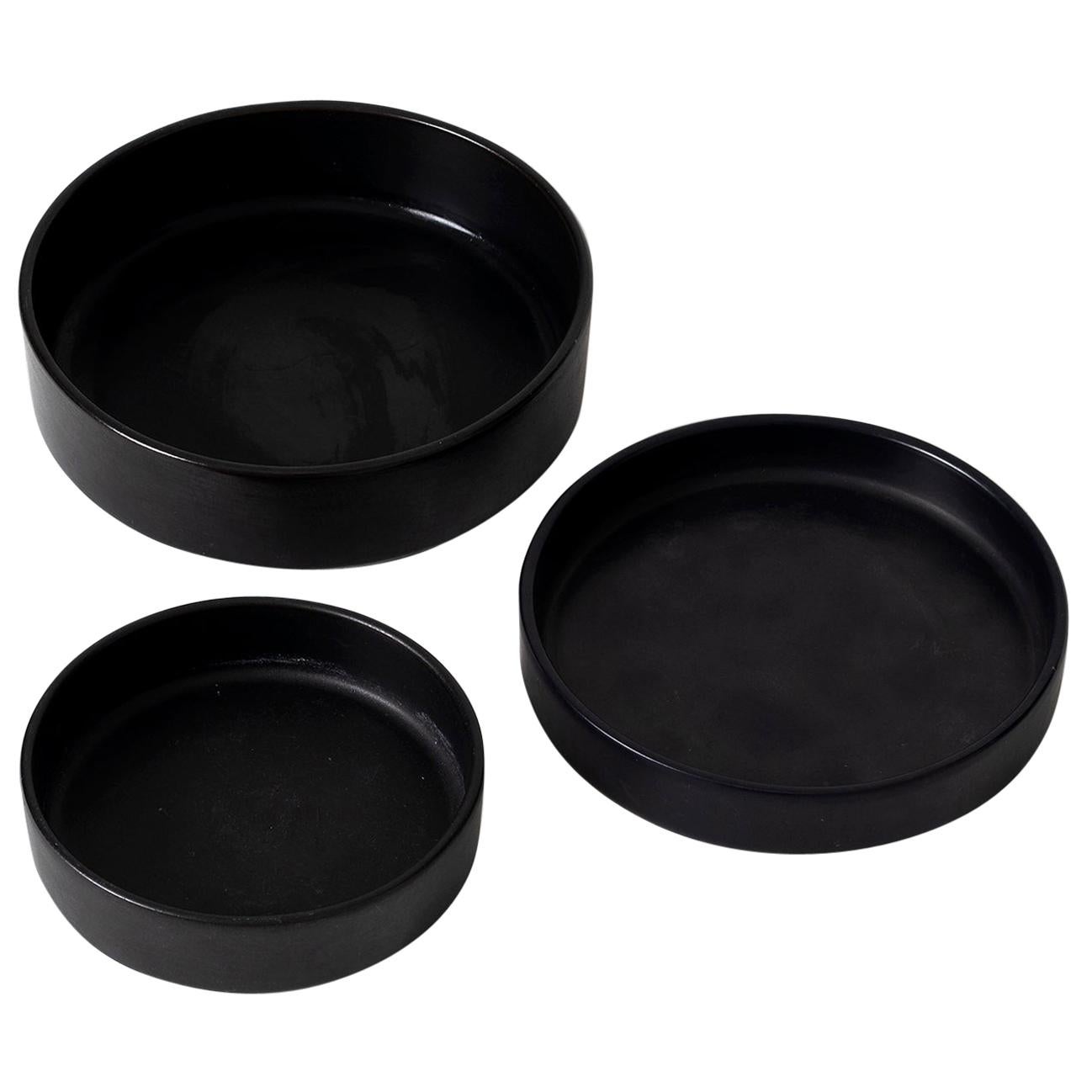 Set of Three 1950s Black Ceramic Bowls