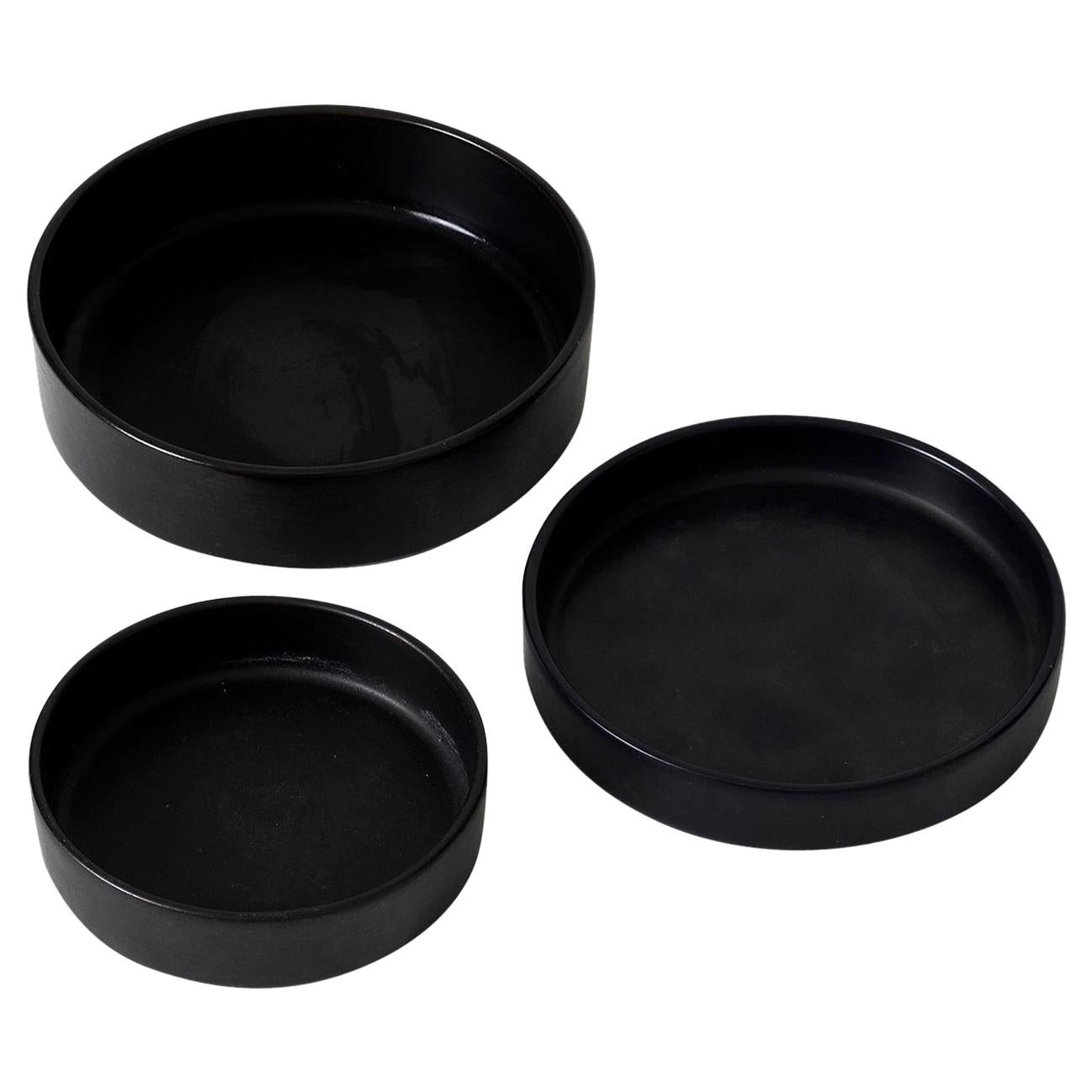 Set of Three 1950s Black Ceramic Bowls