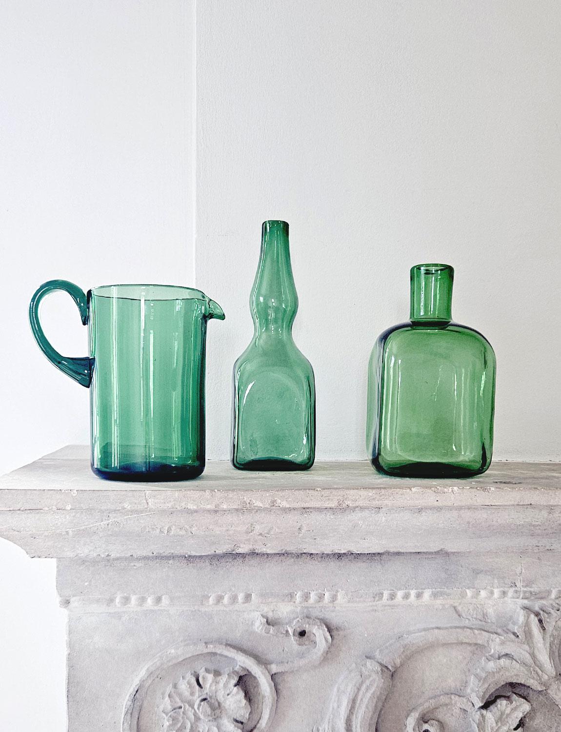 European Set of Three 1950s Green Empoli Hand-blown glass Bottles & Jug
